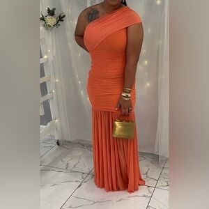 Elegant Orange Ruched Maxi Dress - Women